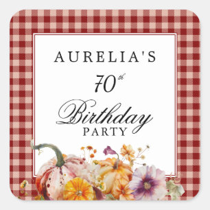 Red Plaid & Watercolor Pumpkins Birthday Party Square Sticker
