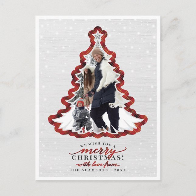 Red Plaid & White Wood Christmas Tree Frame Photo Holiday Postcard (Front)