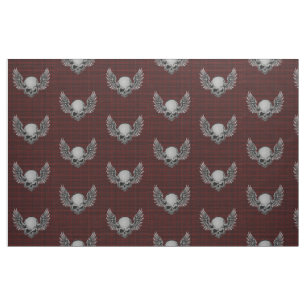 Red Plaid Winged Skulls Punk Print Fabric