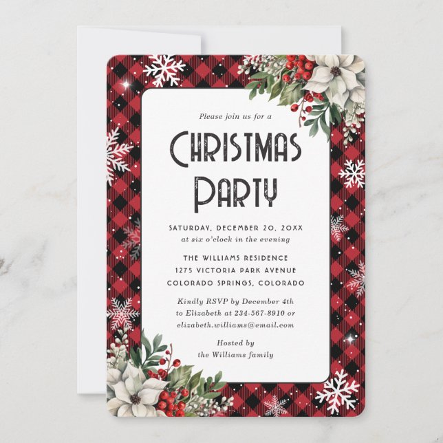 Red Plaid Winter Botanicals Christmas Party Invitation (Front)