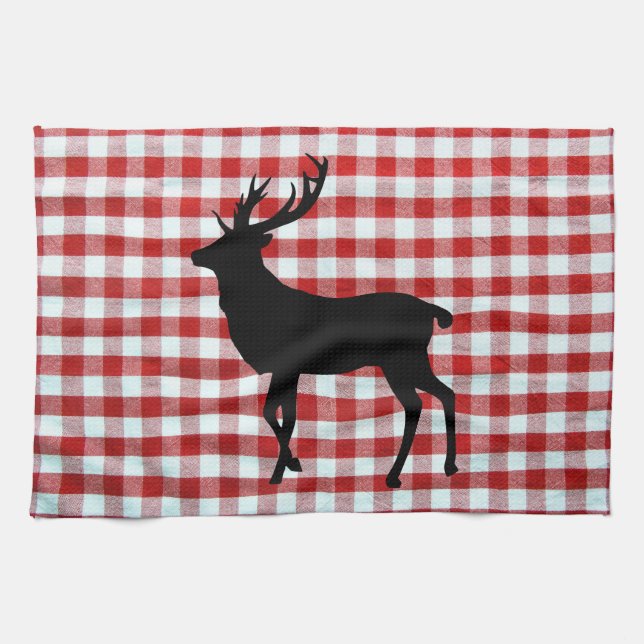 Red plaid with black deer kitchen towel (Horizontal)