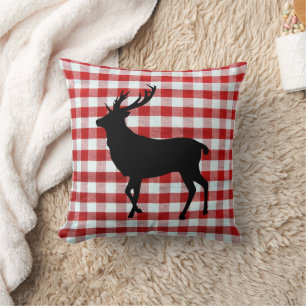 Red plaid with black deer throw pillow