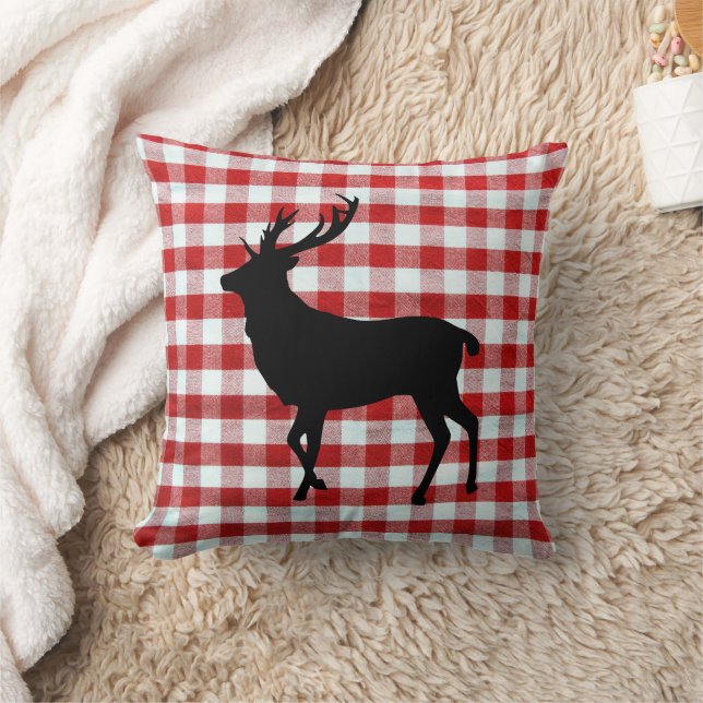 Red plaid with black deer  throw pillow (Blanket)