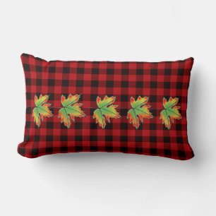 Red Plaid with Fall Maple Leaves Lumbar Pillow