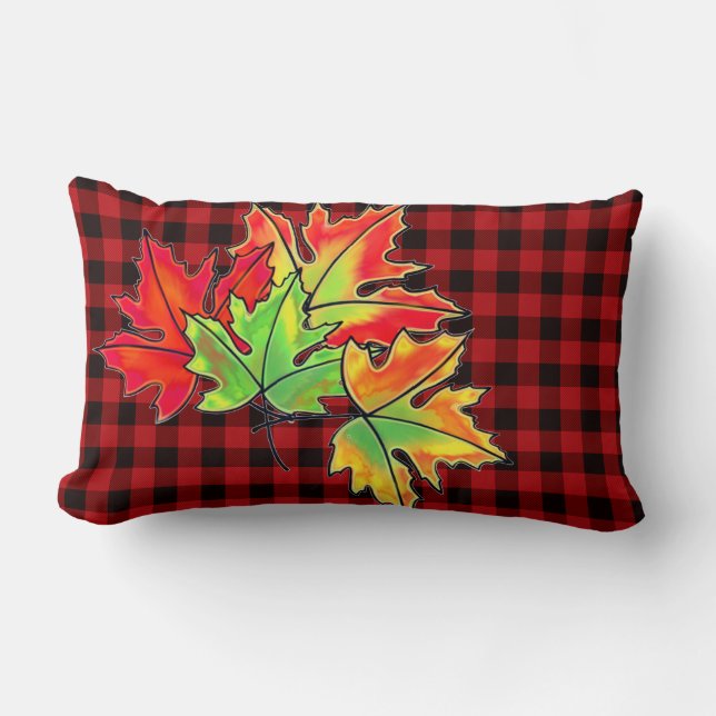 Red Plaid with Fall Maple Leaves Lumbar Pillow (Front)