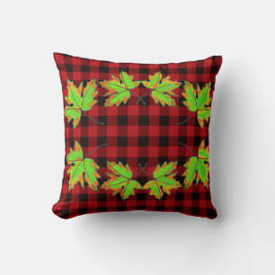 Red Plaid with Fall Maple Leaves Throw Pillow