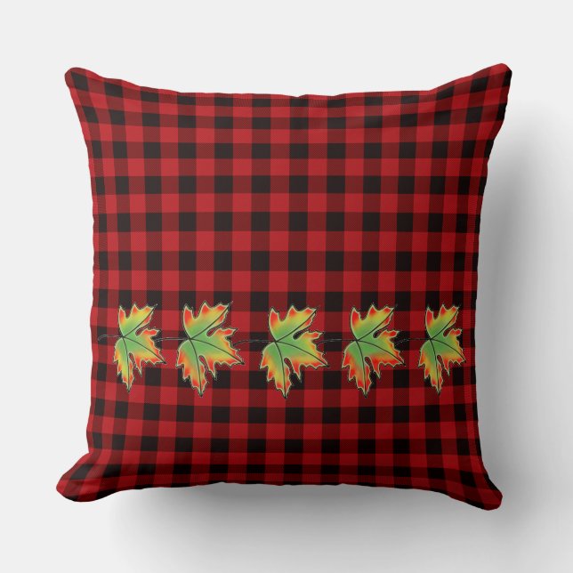 Red Plaid with Fall Maple Leaves Throw Pillow (Front)