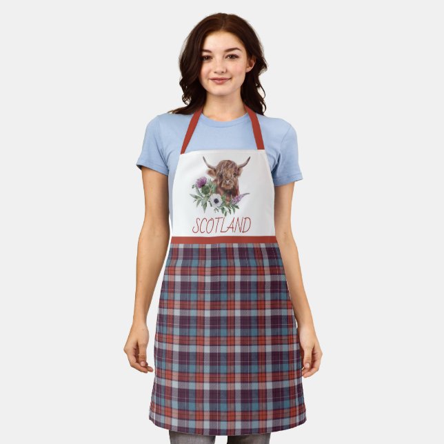 Red Plaid with Scotland Highland Cow and Flowers Apron (Worn)