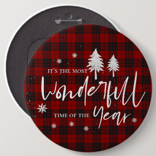 Red Plaid Wonderful Time Of Year Christmas Party 6 Inch Round Button