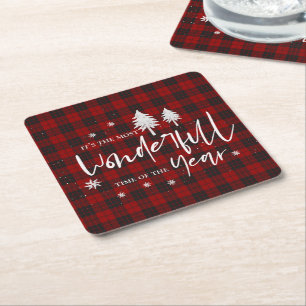 Red Plaid Wonderful Time Of Year Christmas Party Square Paper Coaster