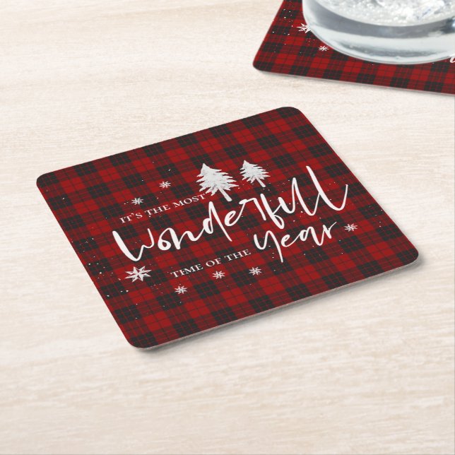 Red Plaid Wonderful Time Of Year Christmas Party Square Paper Coaster (Angled)