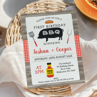 Red Plaid Wood Twins Black Pig BBQ 1st Birthday