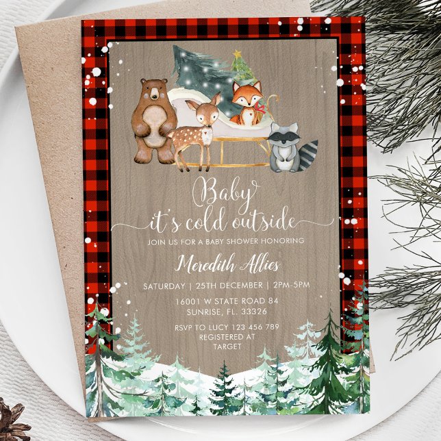 Red Plaid Woodland Lumberjack Snowy Baby Shower  Invitation (Creator Uploaded)