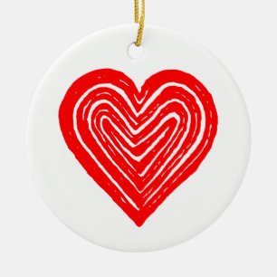 Red Playing Card Symbol Heart Shape Linocut Ceramic Ornament