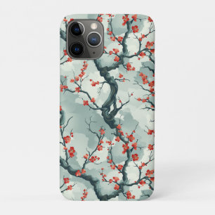 Red Plum Blossom Sage Green Ink Wash Pattern iPhone 11 Pro Case