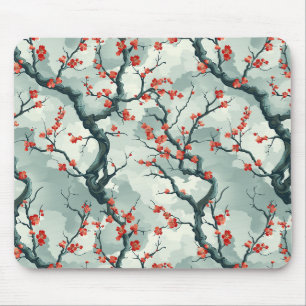 Red Plum Blossom Sage Green Ink Wash Pattern Mouse Pad