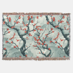 Red Plum Blossom Sage Green Ink Wash Pattern Throw Blanket