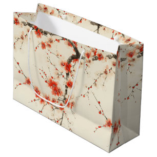 Red Plum Blossom Watercolor - Oriental Floral Art Large Gift Bag