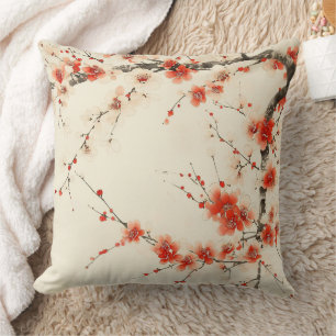 Red Plum Blossom Watercolor - Oriental Floral Art Throw Pillow