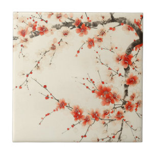 Red Plum Blossom Watercolor - Oriental Floral Art Tile
