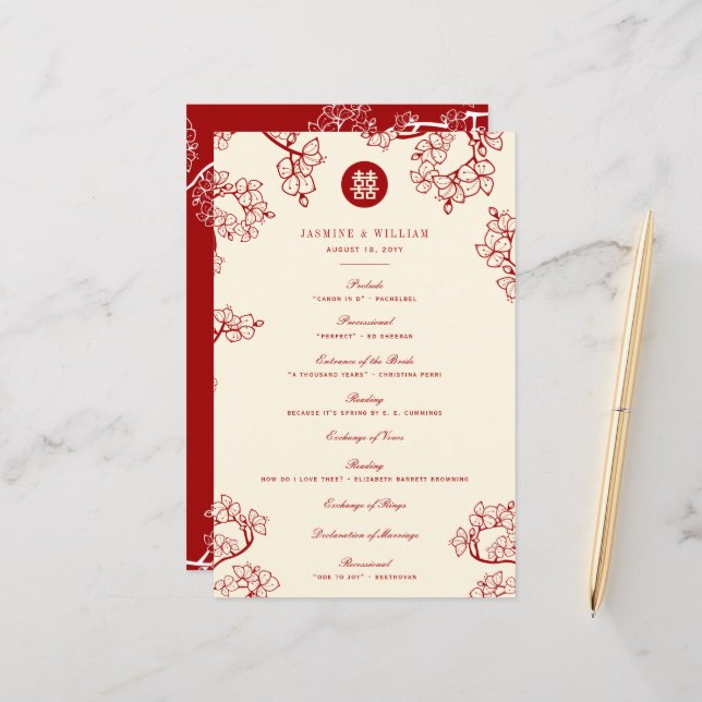 Red Plum Blossoms Double Happiness Wedding Program (Front/Back In Situ)
