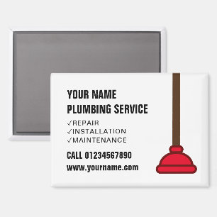 Red plunger plumbing services business logo fridge magnet