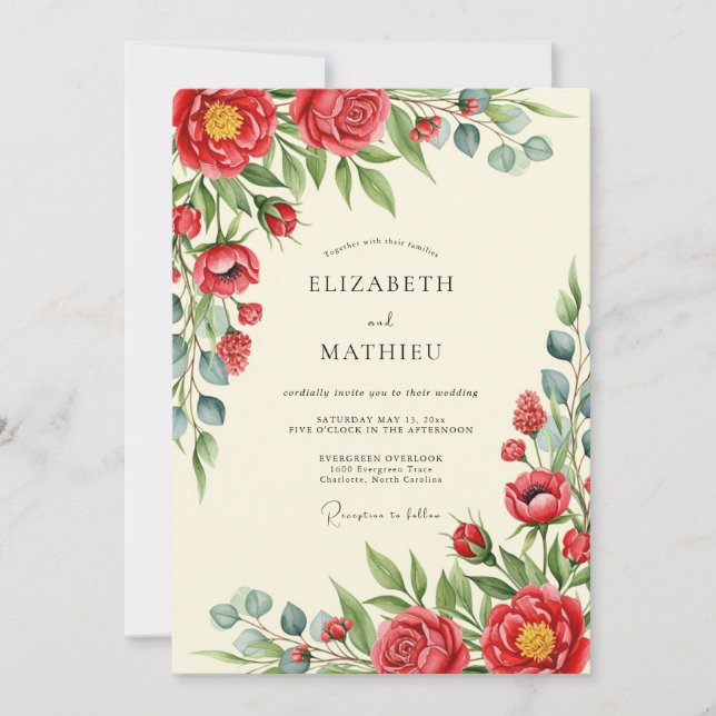 Red Poetic Floral Wedding Invitation (Front)