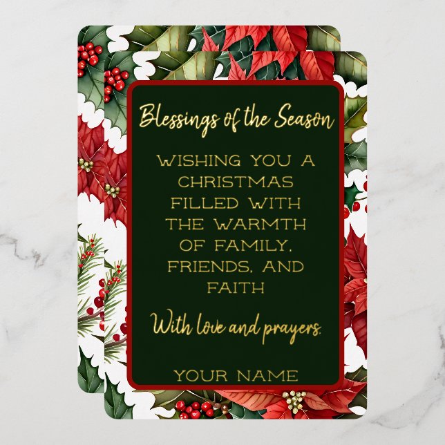 Red Poinsetti with Customizable Christmas Message Foil Holiday Card (Front/Back)