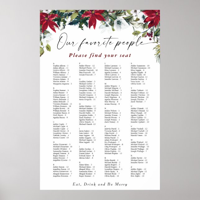 Red Poinsettia Alphabet Christmas SEATING CHART (Front)