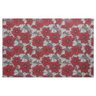 Red poinsettia and berries, Christmas design Fabric