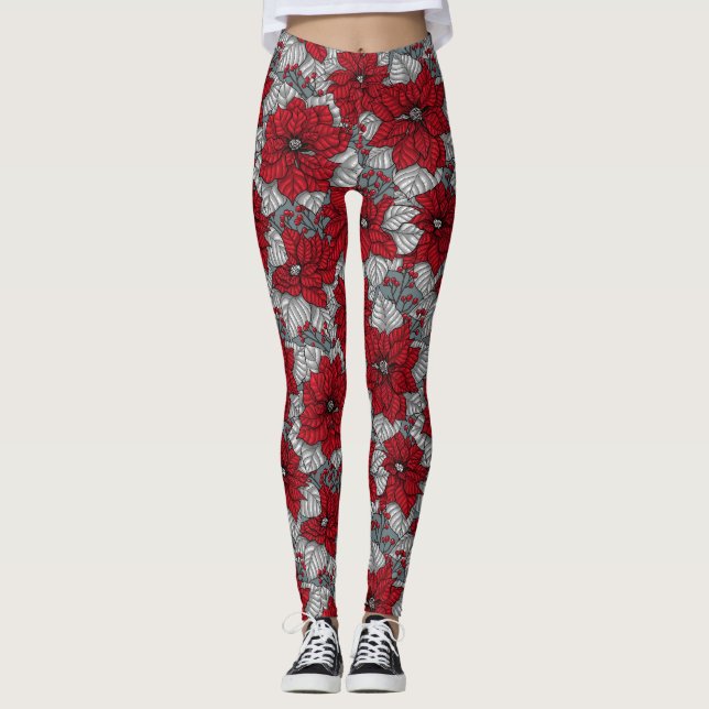 Red poinsettia and berries, Christmas design Leggings (Front)