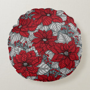 Red poinsettia and berries, Christmas design Round Pillow