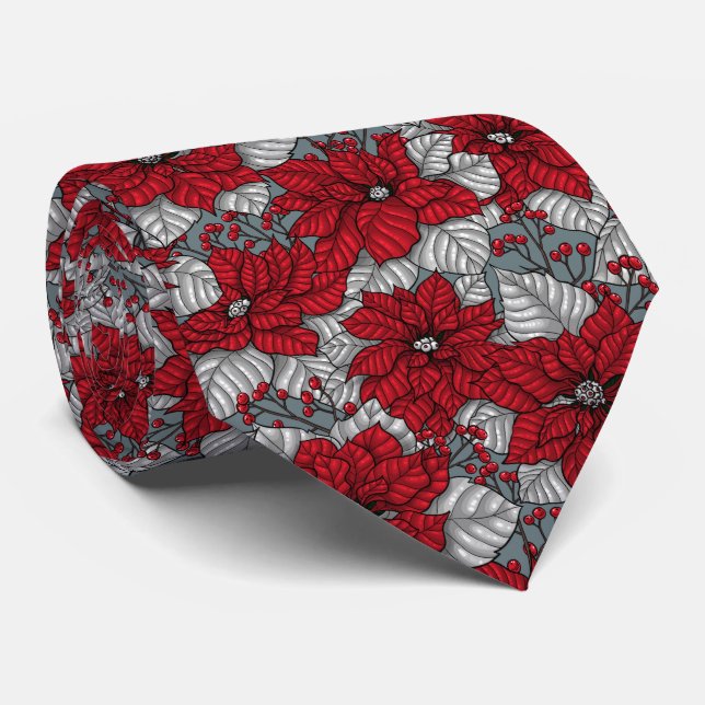 Red poinsettia and berries, Christmas design Tie (Rolled)