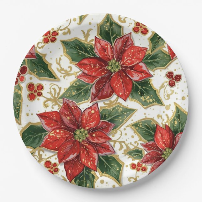 Red Poinsettia And Holly Christmas Holiday Winter Paper Plate (Front)