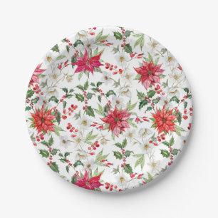 Red Poinsettia and Paperwhite Christmas Pattern Paper Plate