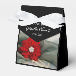 Red Poinsettia and Pearls on Green Winter Wedding Favor Box