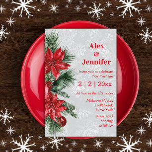 Red Poinsettia and pine chic wedding invitation Flyer