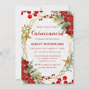 Red Poinsettia & Berry Winter Floral Quinceanera Invitation