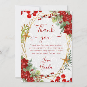 Red Poinsettia & Berry Winter Floral Quinceanera Thank You Card