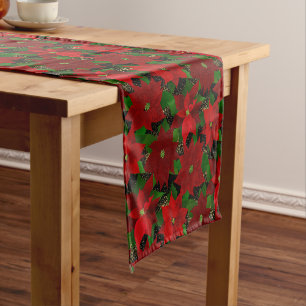 Red Poinsettia Black Christmas Short Table Runner