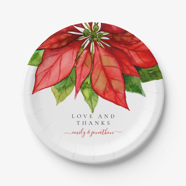 Red Poinsettia Border Christmas Wedding Names Paper Plate (Front)