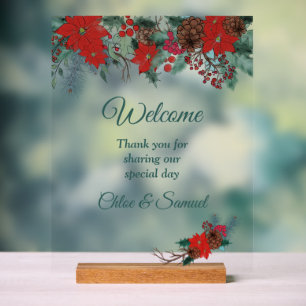 Red Poinsettia Border Wedding Welcome#2 Acrylic Sign