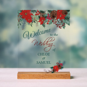 Red Poinsettia Border Wedding Welcome Acrylic Sign