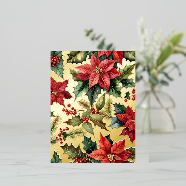 Red Poinsettia Botanical Christmas Gold Foil Holiday Postcard (Standing Front)