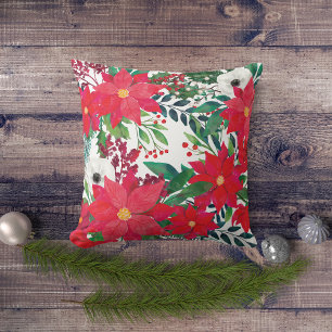 Red Poinsettia Bouquet Floral Christmas Throw Pillow
