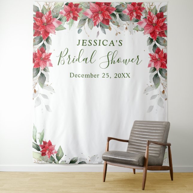 Red Poinsettia Bridal Shower Photo Booth Backdrop Tapestry (In Situ)