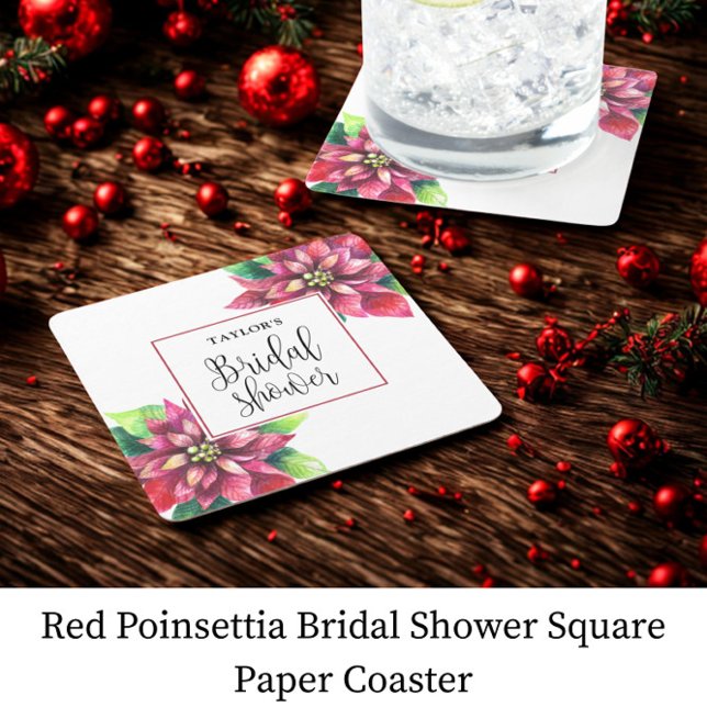 Red Poinsettia Bridal Shower Square Paper Coaster (Creator Uploaded)