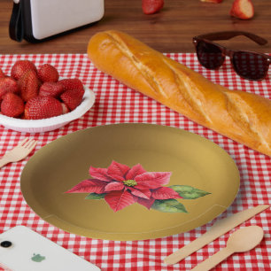 Red Poinsettia Brushed gold colour Paper Plate