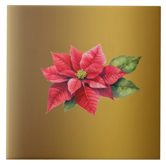 Red Poinsettia Brushed gold colour Tile (Front)