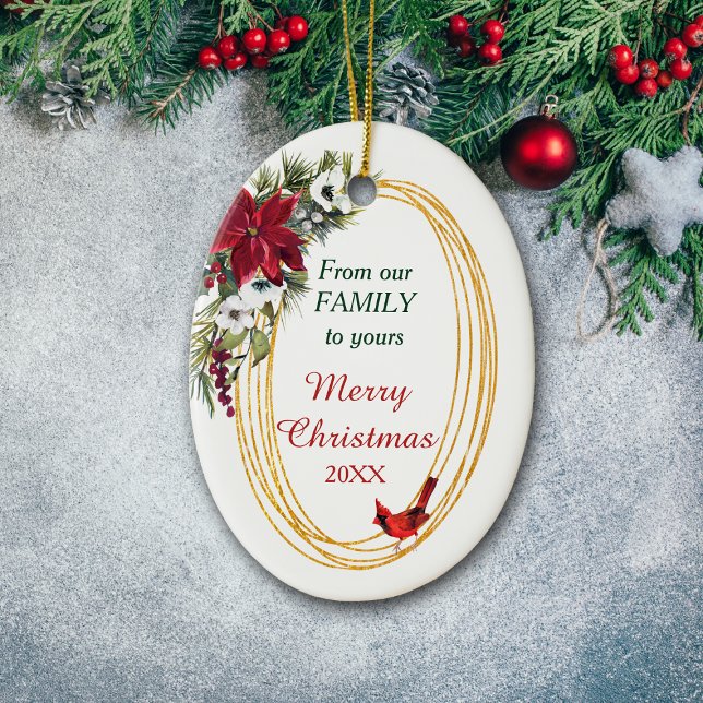 Red Poinsettia Cardinal Gold Frame Christmas Ceramic Ornament (Creator Uploaded)